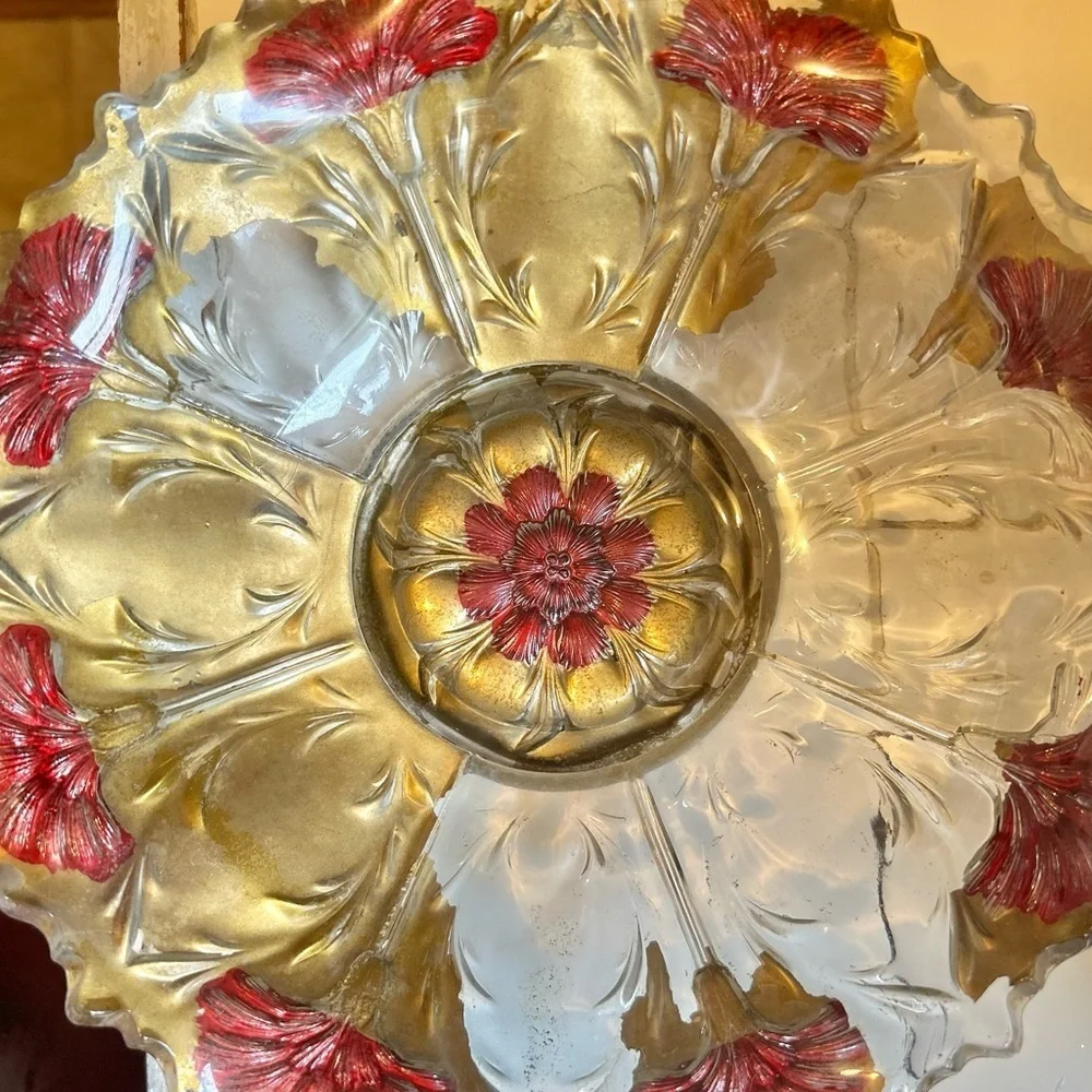 Antique Goofus Glass Bowl Red Carnation Gold Scalloped Intaglio Floral Dish MCM